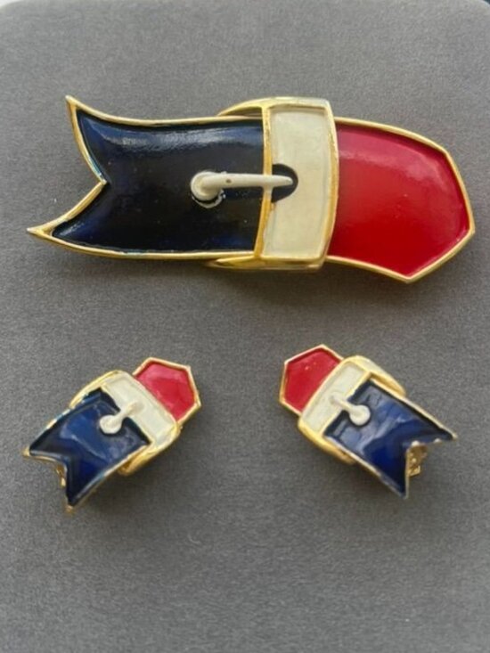 Jewelry - Vintage Red White Blue Enamel Brooch & Clip Earrings Belt Buckle Set